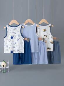 6 pièces/Set Vêtements de nuit d'été pour garçons 100% coton Ensemble débardeur et short, Ensemble pyjama jeune garçon motif espace fin