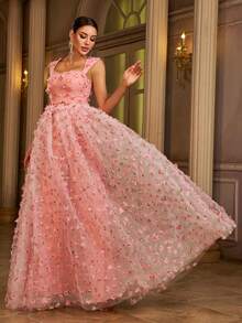 Missord Váy dạ hội hở vai không tay họa tiết lưới hoa 3D thời trang nữ, váy dự tiệc cưới thanh lịch, tốt nghiệp, tiệc tối - Hồng - Xem 3