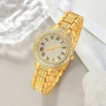 Relógio feminino moderno com 6 peças, escala romana, mostrador, strass, quartzo, ponteiros redondos, relógios femininos e acessórios de joias, colar, pulseira, brincos, conjunto de anéis, festa, casamento, presente, praia, férias, presente de dia dos namorados