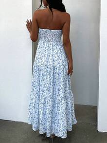 Women Floral Print Maxi Tube Dress Strapless Flowy Long Bandeau Dress Y2K Open Back Sundress Summer Beachwear - Màu xanh lam - Xem 2