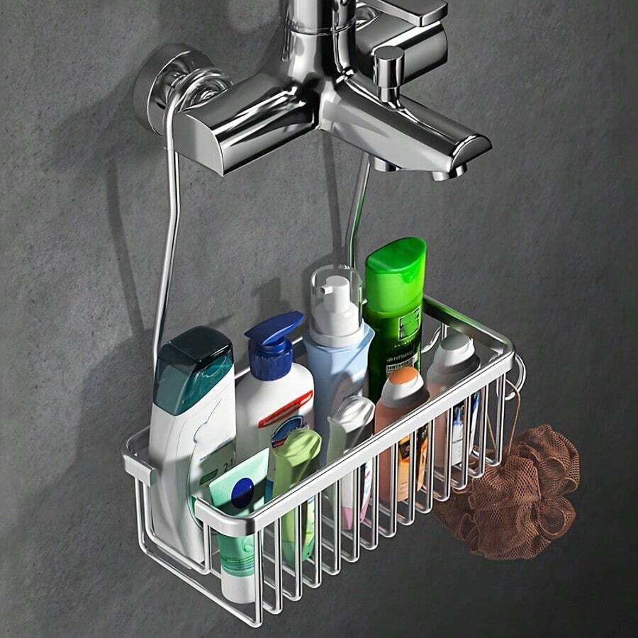 1pc Bathroom Hanging Basket Storage Rack, Suspended Shower Caddy, Bathroom Storage Shelf, Bathroom Storage Basket, Shampoo Shower Organizer, Bathroom Accessories, Bathroom Storage And Organization