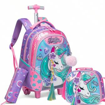 3 件套女童滚轮背包儿童背包带轮滚轮背包套装适合小学生携带行李书包送给女孩的最佳礼物