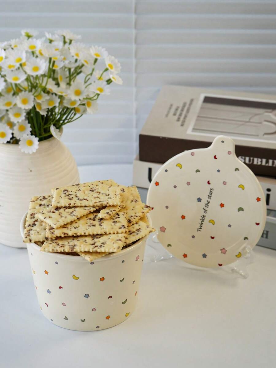 一套陶瓷拉面碗和带盖饼干罐，星月图案设计 - 非常适合存放零食、糖果、汤、甜点，是情人节、周年纪念日的绝佳礼物 - 彩色 - 查看 1