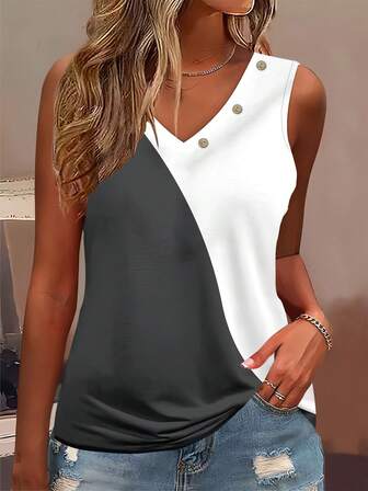 Women's Elegant V-Neck Sleeveless Tank Top - Dual-Color Patchwork Design, All-Over Digital Printing, Breathable & Stretchy Fabric, Regular H-Line Silhouette, Suitable For Casual And Formal Wear In Summer, Durable Construction, Versatile, Lightweight Material, Fashionable For Women