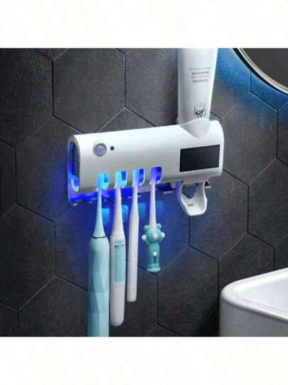 Dispenser Pasta e Escova De Dente Creme Dental Esterilizador Uv Recarrega Solar Com Suporte Parede Aplicador Automático Banheiro