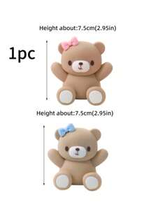 1pc Cute Pink & Blue Bowknot Heart Cartoon Bear Soft Rubber Decor, Suitable For Birthday Cake Party Decoration For Boys And Girls