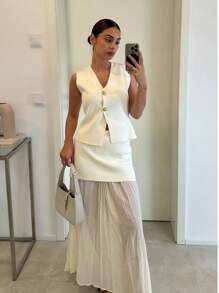 Women Elegant Splicing High Waist Zipper Ankle-Length Skirts Fashion Zipper Elastic Waist Pleated Long Skirts Elegant 2pcs Set - Pleated Skirt & Vest, Ladies Suit Women Elegant Dresses Women Evening Gown Woman Dress