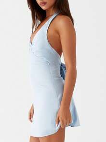 Women Y2k Halter Back Tie Up Bow Formal Mini Dress Cute Floral Backless Silk Satin Beach Vacation Short Dresses Summer Club Party Night Sundress - 淺藍色 - 查看 4