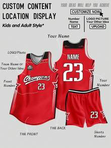 2pcs Personalized Tween Boys Basketball Jersey- Customized Team Name,Number And Photo Print Tank Top+Shorts Outdoor Activities Sports Set &Casual Wear Spring/Summer - Red - View 1