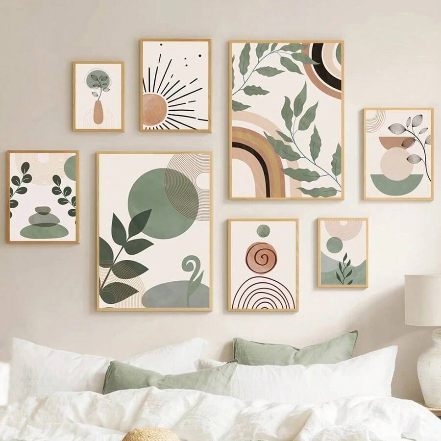 1pc Geometric Abstract Bohemian Canvas Painting Printed Nordic Poster Leaf Sun Rainbow Wall Art Picture Living Room Decoration Optional Frame - Multicolor - View 1