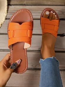 Korean Style Casual Flat Sandals For Women, Slip-On Open Toe Woven Roman Sandals, Fashionable Summer Beach Slippers To Pair With Dress, Suitable For Spring Autumn - Orange - View 5