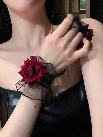 蕾丝玫瑰腕袖，哥特洛丽塔风格玫瑰手袖