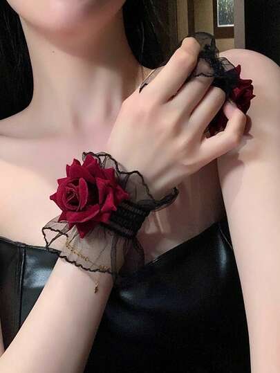 Puño de muñeca con encaje y rosa, mangas de mano estilo gótico lolita