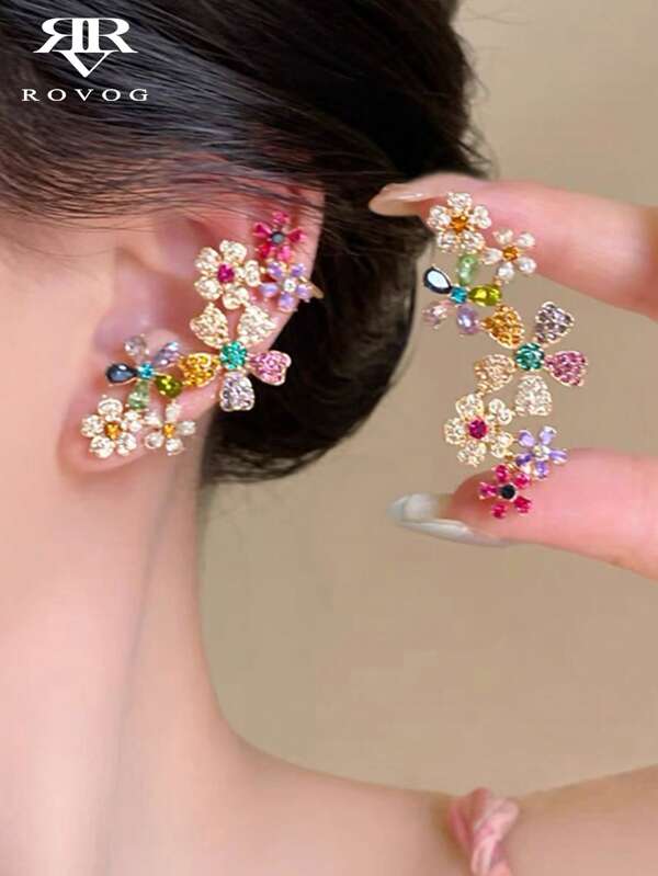 1 par de pendientes de clip de cartílago de diseño único y elegante de lujo con cristales y flores de colores brillantes, pendientes exagerados y hermosos para mujer
