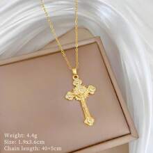 1pc 14K Gold Plated Stainless Steel Jesus Christ Cross Pendant Necklace, European/Arabian Style Religious Church Cross Necklace For Women, For Daily Wear, Gift Or Worship