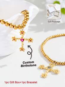1pc Custom Birthstone Bracelet, Gold Cross Pendant Bracelet For Women, Suitable As Birthday Gift, Graduation Gift, Friendship Token, Thanksgiving Gift, Anniversary Gift
