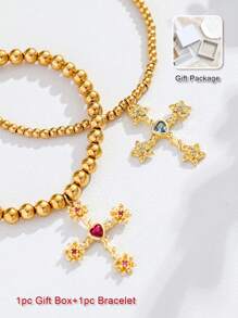 1pc Custom Birthstone Bracelet, Gold Cross Pendant Bracelet For Women, Suitable As Birthday Gift, Graduation Gift, Friendship Token, Thanksgiving Gift, Anniversary Gift
