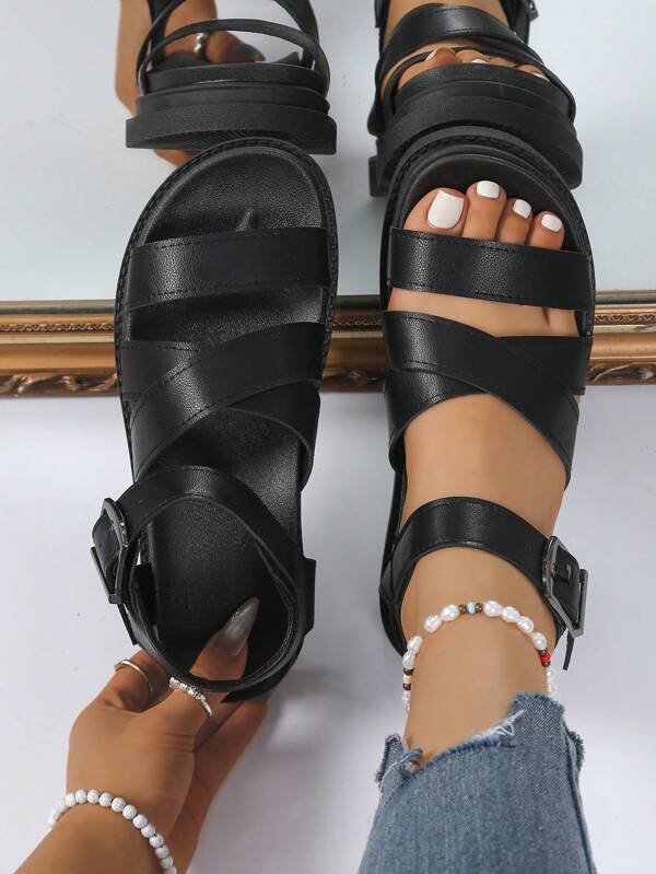 Women's Solid Color Wedge Thick Bottom Sandals, Casual Buckle Strap Summer Sandals, Comfortable Open Toe Sandals, Women's Roman Flat Sandals, Solid Color Open Toe Criss-Cross Lace-Up Anti-Slip Shoes