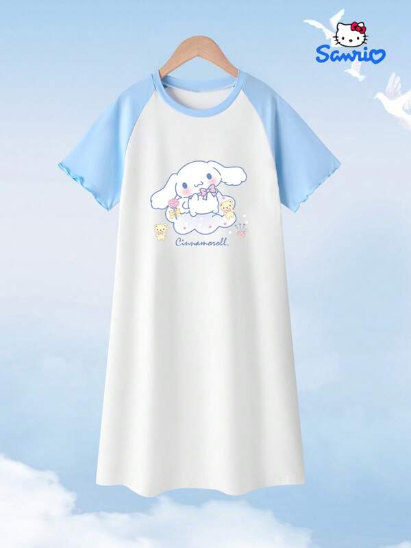 Sanrio Summer New Cartoon Cute Regular Nightgown Home Wear, Authorized By Sanrio With Big Ear Dog Print Fashionable Casual Short Sleeved Round Neck Dress, Can Be Worn Outside, Sleep With Air Conditioning In Summer To Prevent Catching A Cold