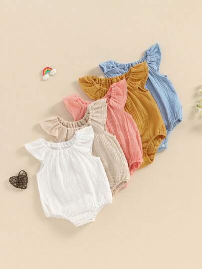 Baby Girl Boy Summer Cotton Linen Romper Clothes Basic Plain Ruffle Sleeveless Comfy Rompers Newborn Tops