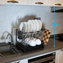 Escurridor de platos de 2 niveles para encimera de cocina, escurridor grande de platos con bandeja de goteo y soportes para utensilios, escurreplatos resistente a la oxidación, organización de cocina - Negro - Ver 6