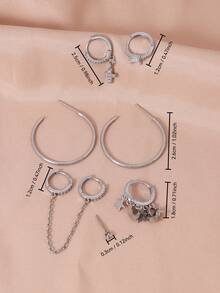 7pcs Shiny Personalized Cubic Zirconia Earrings Set, Star & Moon, Cross Pendant, Stud, Dangle, Multi-Layer Cartilage Hoop Earrings, For Women, Daily, Dating, Party - Silver - View 5