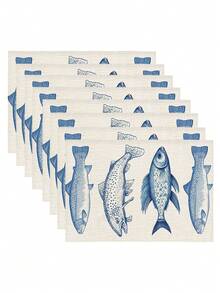 1pc Ocean Theme Printed Table Runner, 4/6/8pcs Ocean Printed Placemats, Suitable For Holidays, Parties, Birthdays, Dinners, Kitchen & Dining Room Decor, Year-Round Home Decoration, Table Linens - Blue and White - View 19