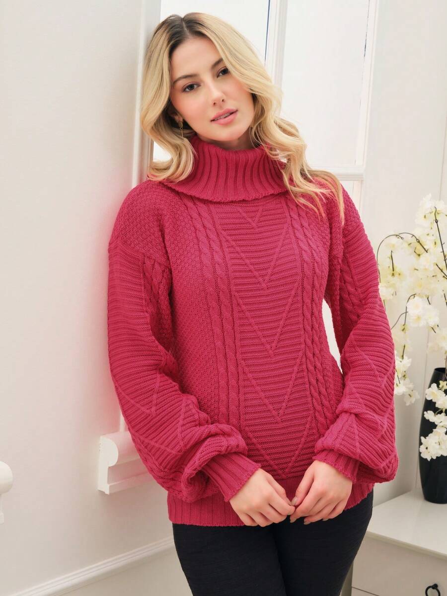 Women's Knitted Turtleneck Sweater – Comfort And Style For Winter - Hot Pink - View 1