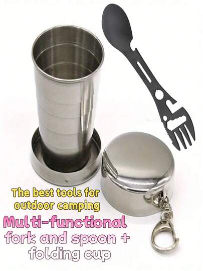 1 pieza Taza plegable portátil de acero inoxidable, plegable para viajes y uso al aire libre, adecuada para agua y alcohol, taza de viaje plegable para jornadas al aire libre, juego de té portátil retráctil creativo, taza de agua de camping y viaje, mini taza para cepillo de dientes personalizada + Tenedor multifuncional para camping con abridor de botellas, llave y otras funciones, Navidad, Correr, Regalos para hombres, Regalos personalizados