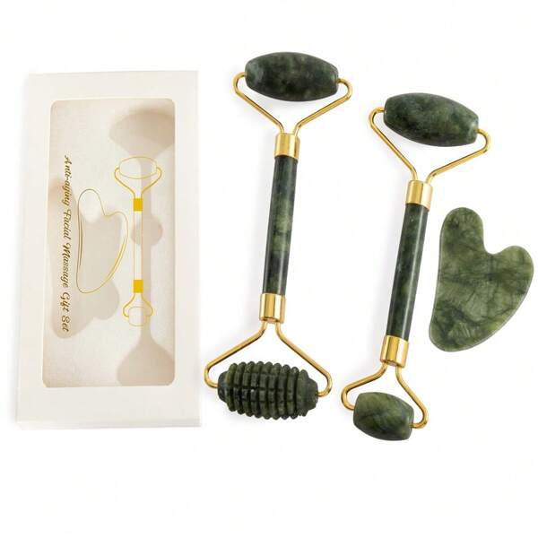 1/2 Pcs Stone Facial Beauty Roller & Massage Plates Set, Spa Salon Home Skin Care Tools