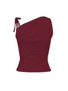 女式不对称领口系带纯色背心