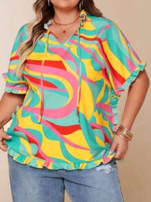 Plus Size Women Casual Holiday Multicolor Graphic Print Tie V-Neck Ruffle Trim Summer Tops