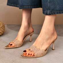 Sandales à talons aiguilles pour fête de mode classique à bout ouvert blanc pour femmes grande taille, Mules à talons hauts stilettos en or champagne brodées