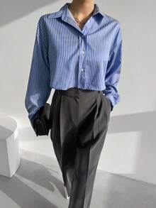 Blusas de mujer Camisa corta de rayas con abertura lateral y un solo pecho - Azul - Ver 4