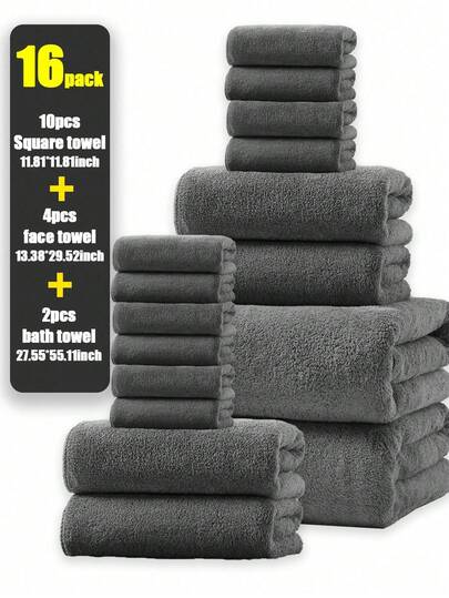 16 Stück Korallenfleece einfarbiges Handtuch-Set - Badezimmer-Set, super weich, saugfähig, fusselarm (leicht & dünn), schnelltrocknende Handtücher, Badetücher 70*140cm, Gesichtstücher 34*75cm, Waschlappen 30*30cm. (Die Handtücher werden nach dem Zusammendrücken dünner und müssen geschüttelt und aufgelockert werden, um ihren Originalzustand wiederherzustellen) Duschhandtücher für Schönheitssalons, Hotels, Sport, Zuhause, Hautpflege