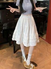 High-Waisted Flowy Ruffle Trim A-Line Skirt, White Casual Versatile Cake Skirt, Summer 2025 Korean Style
