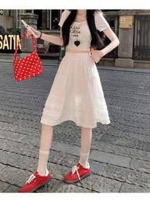 High-Waisted Flowy Ruffle Trim A-Line Skirt, White Casual Versatile Cake Skirt, Summer 2025 Korean Style
