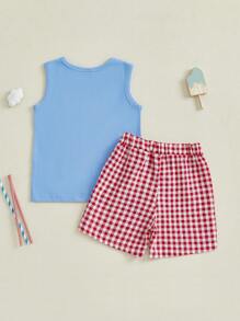 Kid Boy 4th Of July Outfit Popsicle Embroidery Round Neck Tank Tops+ Plaid Shorts 2Pcs Outfit