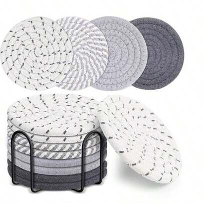 8 قطع من حصائر الأكواب المنسوجة، حصائر أكواب مشروبات دائرية ماصة، حصائر قماشية يدوية الصنع، طقم حصائر ماصة مع صينية، بأسلوب بوهيمي