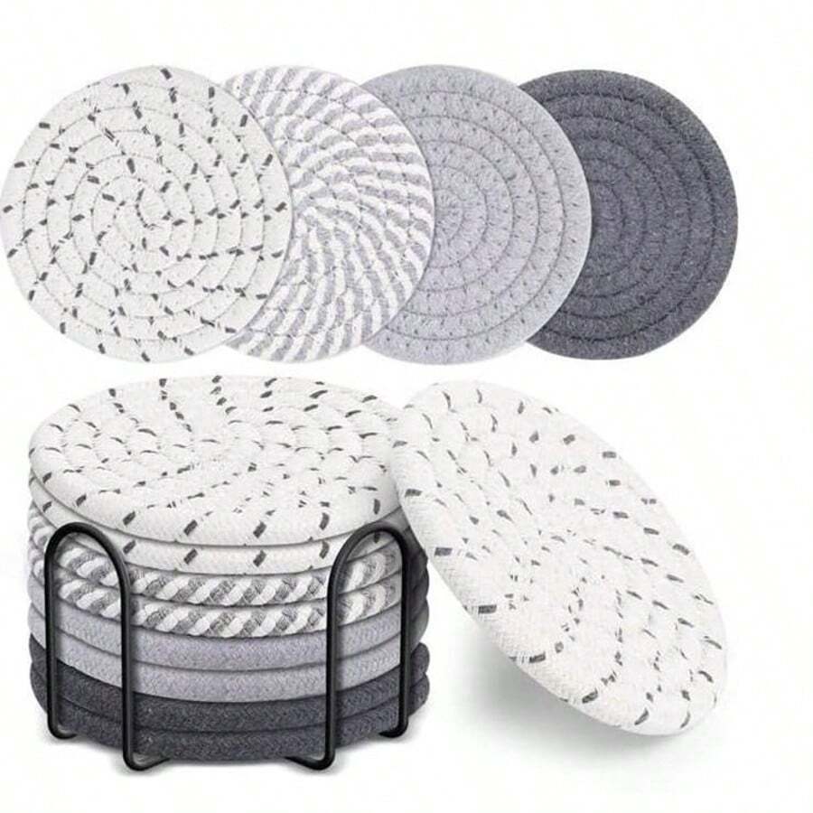 8pcs Woven Drink Coasters, Round Absorbent Beverage Cup Mats, Handmade Fabric Coasters, Absorbent Coaster Set With Tray, Bohemian Stvle