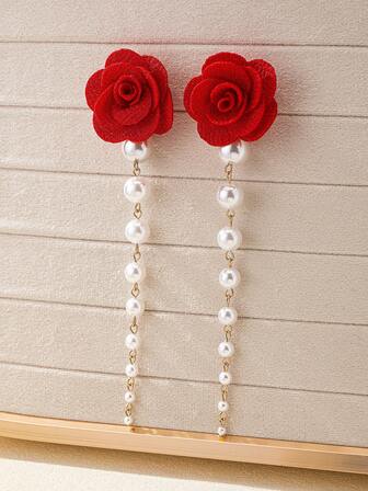 1 par överdrivna örhängen med röda blommor och tofsar för kvinnor, lämpliga för fest och vardagsbruk