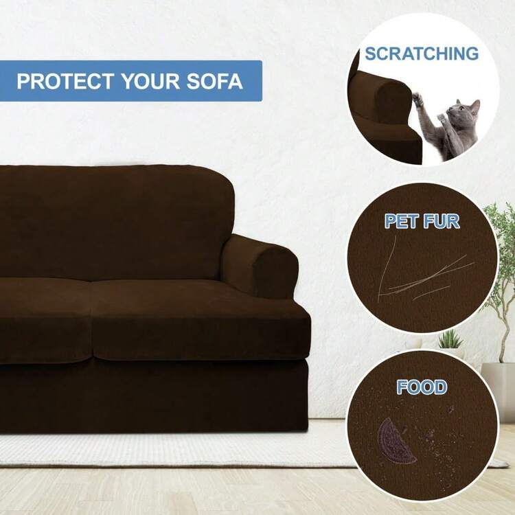Cushion Sofa Cover 4 Piece Slipcovers, Soft Thick Velvet Couch Cover For Living Room, Washable High Stretch Furniture Protector With 3 Cushion Slipcover, (Sofa, Grey) - 棕色 - 查看 4