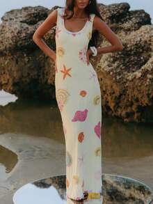 Women Starfish Shell Printed Maxi Dress Spaghetti Strap Backless Bodycon Long Dress Summer - Yellow - View 2