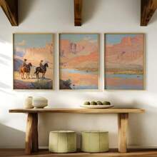3pcs Cowboy 3 PiecesWall Art, Western Oil Painting Set Of Three Prints, Desert Landscape, Rodeo Horseback Riding Equestrian Decor