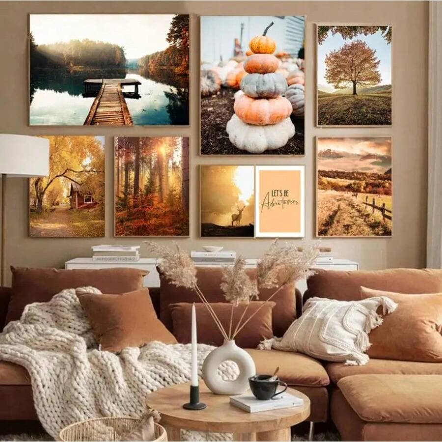 1pc Autumn Country Landscape Lake Tree Animal Deer Forest Canvas Prints And Posters Pumpkin Reed Painting Living Room Picture Decor Optional Frame - Multicolor - View 1