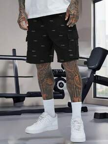 1 件男士多口袋印花工装短裤，宽松运动短裤，适合夏季海滩度假、日常休闲通勤、户外徒步、健身、跑步、宽松休闲时尚短裤、夏季街头百慕大短裤 - 黑色 - 查看 6