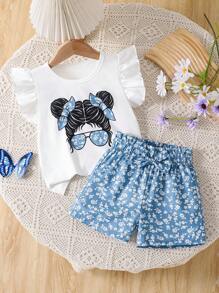 2 buc/set fete tinere model desen animat mânecă scurtă tricou top și fundă decorativ pantaloni scurți ținută de vară
