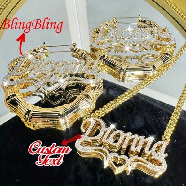 Conjunto de colar e brinco de argola com glitter de duas camadas personalizado, brincos de nó de bambu boêmio personalizados, colar com pingente de coração e letra em aço inoxidável fosco, presente de Dia das Mães, presente de aniversário para ela