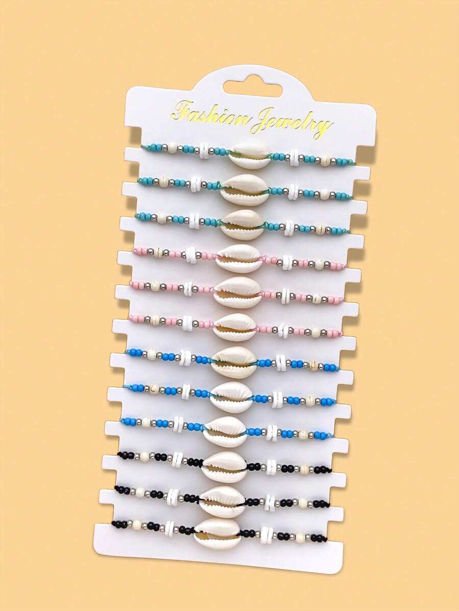 LORRILIA 12 Pcs Bohemian Mexican Beach Surf Shells Rice Beads Braided Bracelets Charms Hand Rope Gifts For Girls Wholesale Jewelry Family Sharing Set - Multicolor - View 1