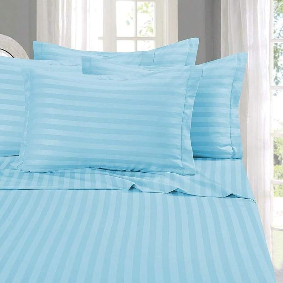 Elegant Comfort, Softest, Coziest 6-Piece Sheet Sets! 1500 Hotel Quality Luxurious Wrinkle Resistant Damask Stripe Bed Sheet Set, Black - Bedding 2025 - Aqua Blue - 查看 1